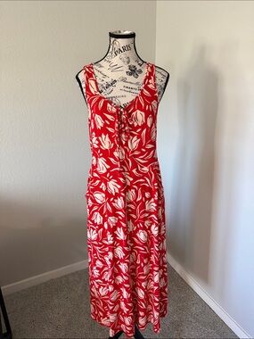 CAbi Red and White Floral Tie-Front Midi Dress with Slim Straps